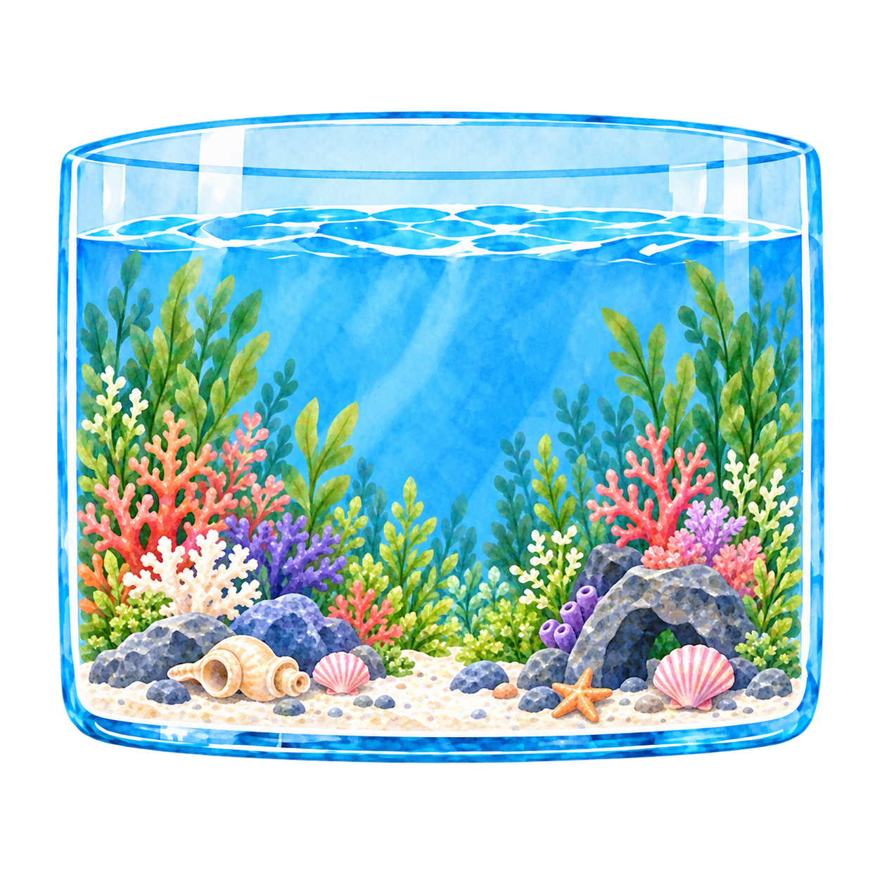 水彩で描かれた、青く澄んだ水槽